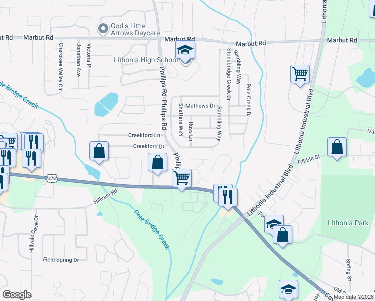map of restaurants, bars, coffee shops, grocery stores, and more near 2459 Rambling Way in Lithonia