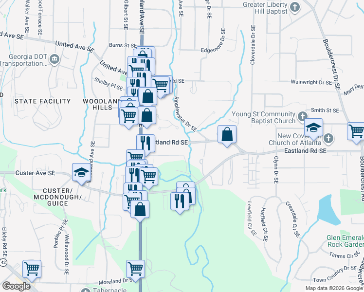 map of restaurants, bars, coffee shops, grocery stores, and more near 1272 Lynwyn Lane Southeast in Atlanta