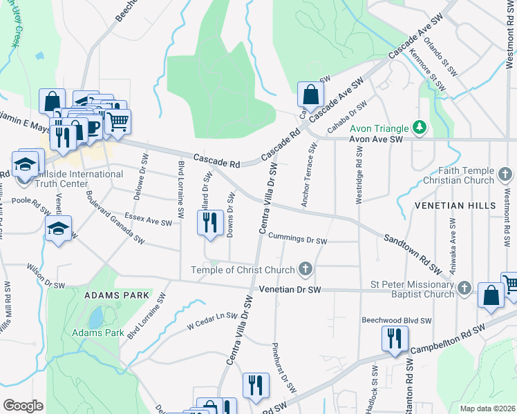 map of restaurants, bars, coffee shops, grocery stores, and more near 1375 Centra Villa Drive Southwest in Atlanta