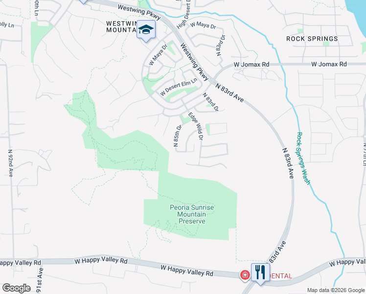 map of restaurants, bars, coffee shops, grocery stores, and more near 8485 West Whitehorn Way in Peoria