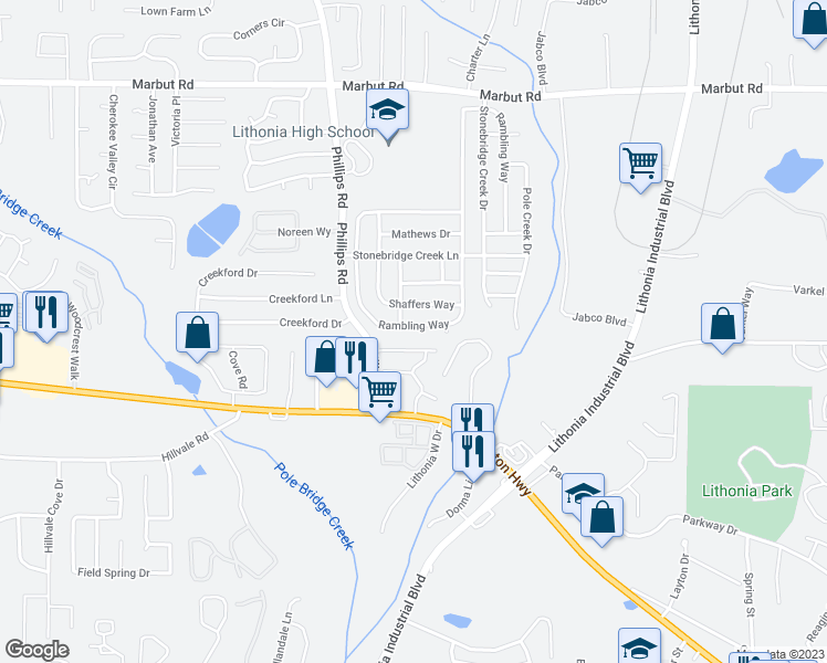 map of restaurants, bars, coffee shops, grocery stores, and more near 2483 Rambling Way in Lithonia