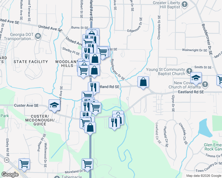 map of restaurants, bars, coffee shops, grocery stores, and more near 1272 Lynwyn Lane Southeast in Atlanta
