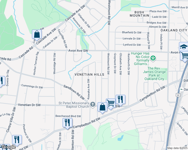 map of restaurants, bars, coffee shops, grocery stores, and more near 1352 Willow Trail Southwest in Atlanta