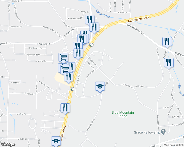 map of restaurants, bars, coffee shops, grocery stores, and more near 276 Foxley Road in Anniston