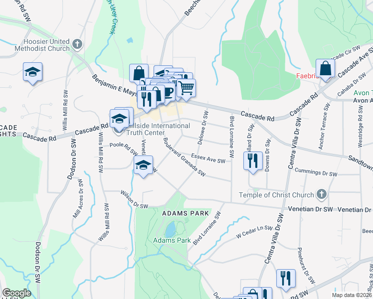map of restaurants, bars, coffee shops, grocery stores, and more near 2241 Essex Ave SW in Atlanta