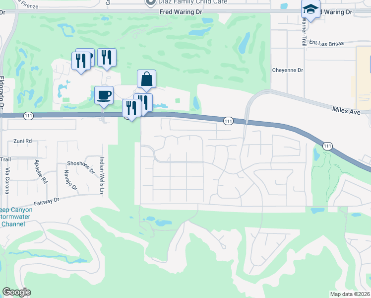 map of restaurants, bars, coffee shops, grocery stores, and more near 45495 Pima Road in Indian Wells