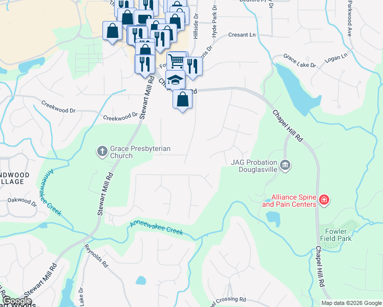 map of restaurants, bars, coffee shops, grocery stores, and more near 3180 South Elizabeth Drive in Douglasville