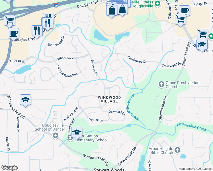 map of restaurants, bars, coffee shops, grocery stores, and more near 6620 Windwood Circle in Douglasville