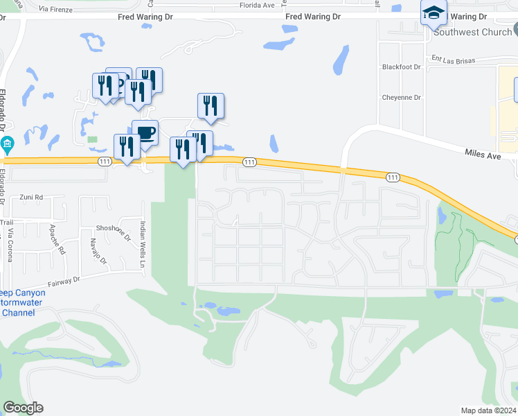 map of restaurants, bars, coffee shops, grocery stores, and more near 45495 Pima Road in Indian Wells