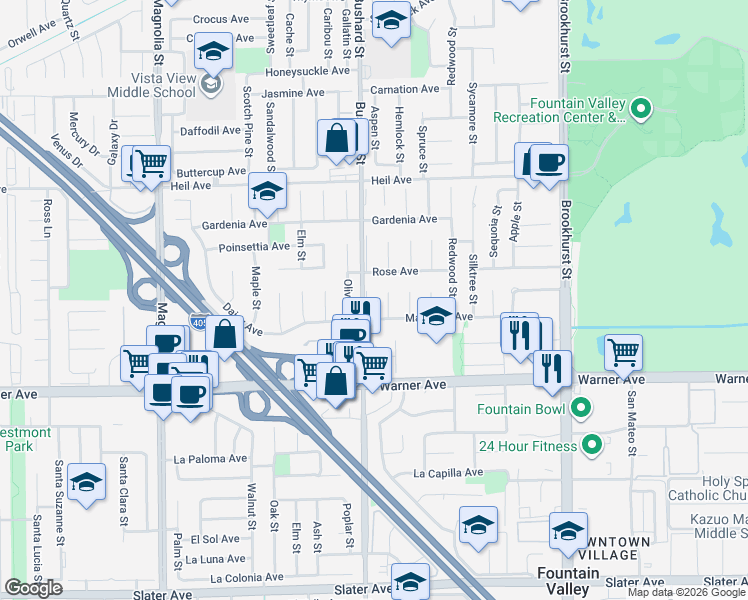 map of restaurants, bars, coffee shops, grocery stores, and more near 16830 Bushard Street in Fountain Valley