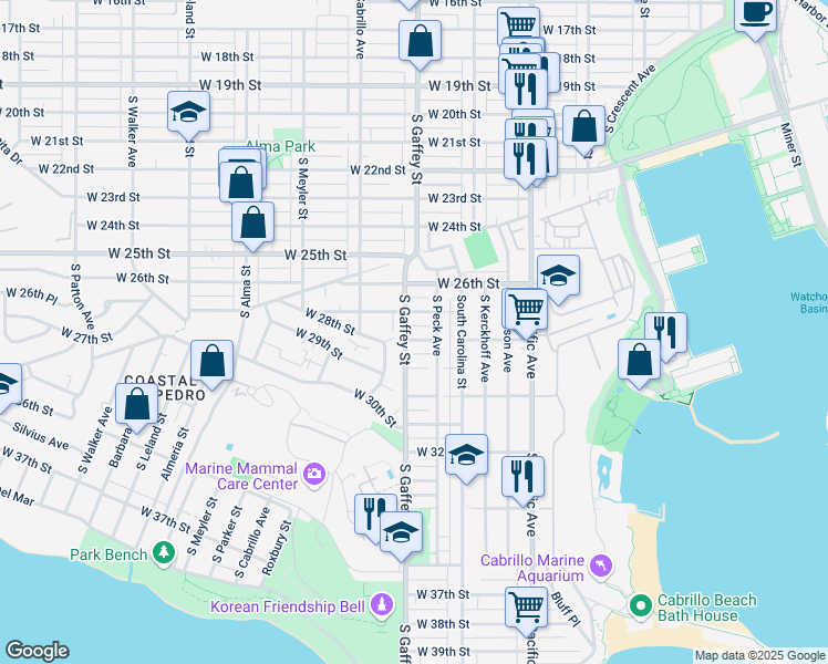 map of restaurants, bars, coffee shops, grocery stores, and more near 2812 South Gaffey Street in Los Angeles