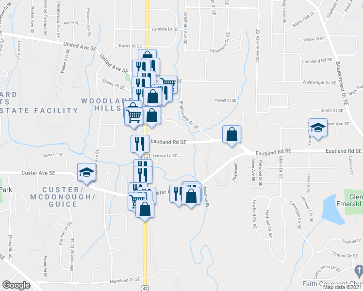 map of restaurants, bars, coffee shops, grocery stores, and more near 1279 Eastland Road Southeast in Atlanta