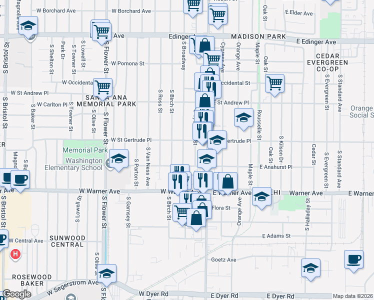 map of restaurants, bars, coffee shops, grocery stores, and more near 2199 South Broadway in Santa Ana