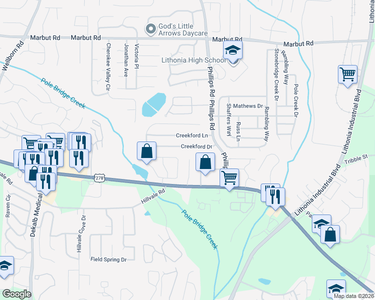 map of restaurants, bars, coffee shops, grocery stores, and more near 6267 Creekford Drive in Lithonia