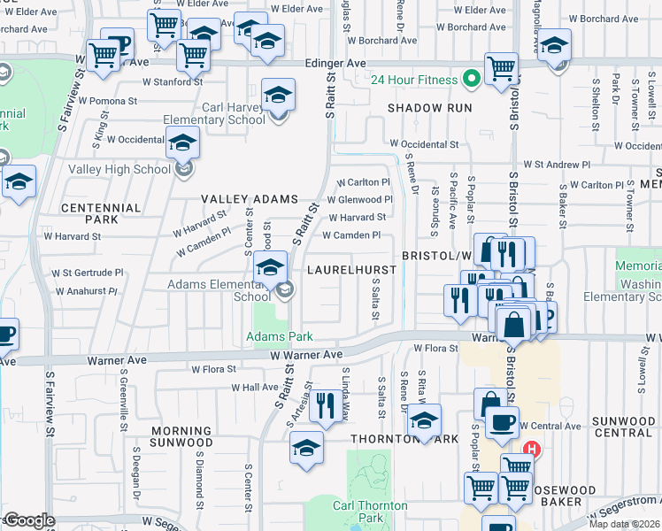 map of restaurants, bars, coffee shops, grocery stores, and more near 1915 West Saint Gertrude Place in Santa Ana