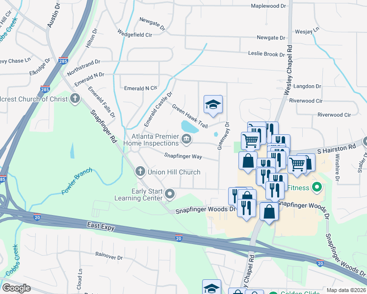 map of restaurants, bars, coffee shops, grocery stores, and more near 4062 Snapfinger Way in Decatur