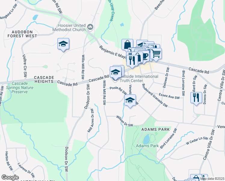 map of restaurants, bars, coffee shops, grocery stores, and more near 2454 Poole Road Southwest in Atlanta