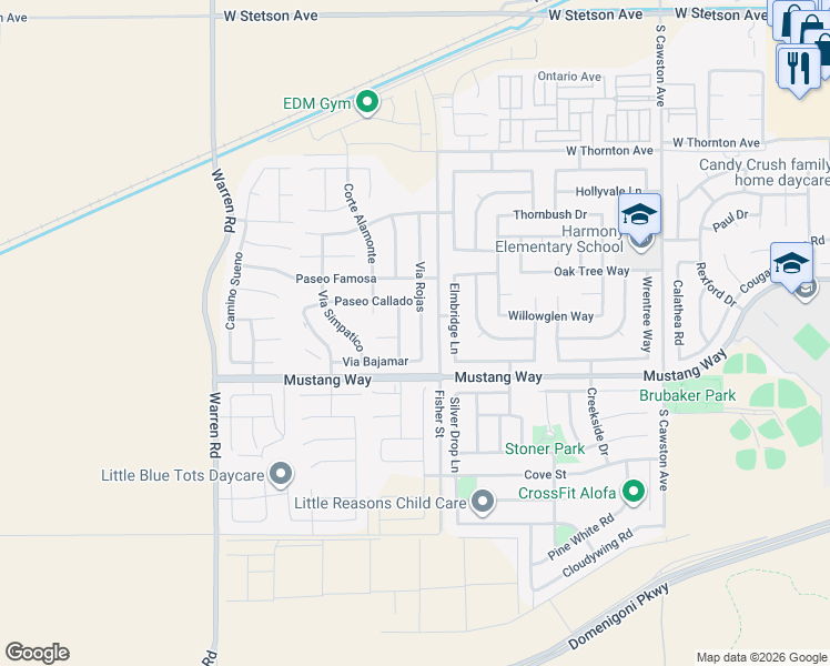 map of restaurants, bars, coffee shops, grocery stores, and more near 1647 Via Rojas in Hemet