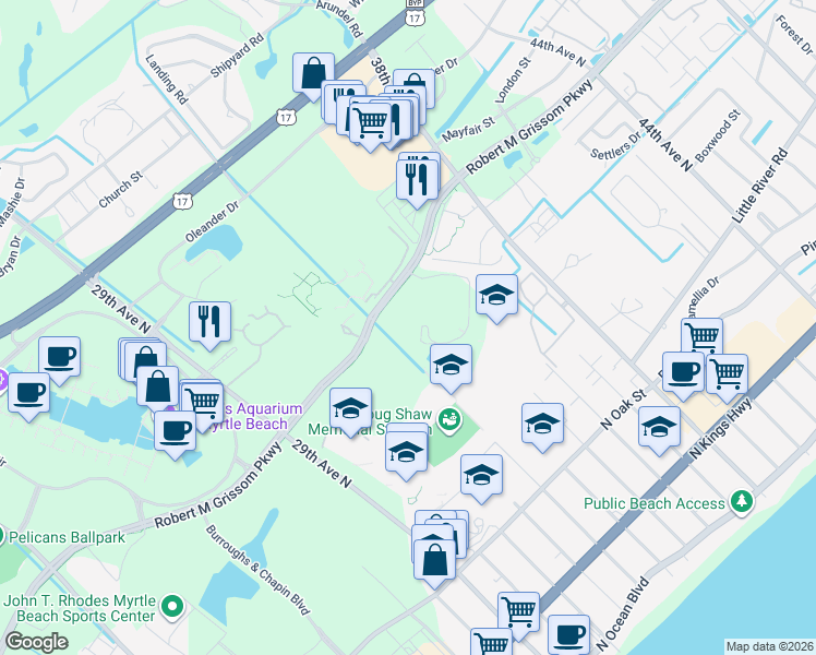 map of restaurants, bars, coffee shops, grocery stores, and more near 950 Seahawk Way in Myrtle Beach