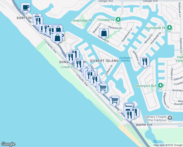 map of restaurants, bars, coffee shops, grocery stores, and more near 16788 Bayview Drive in Huntington Beach