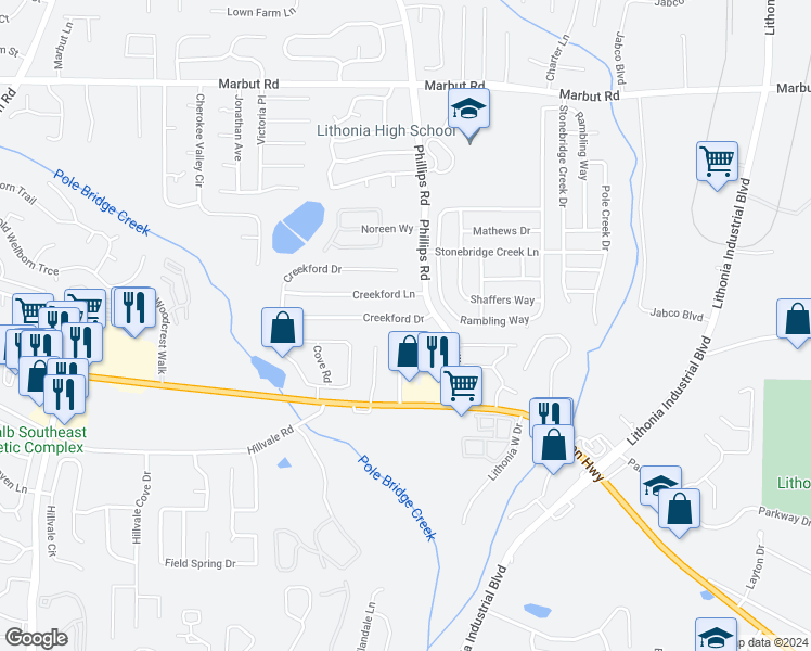 map of restaurants, bars, coffee shops, grocery stores, and more near 6301 Creekford Drive in Lithonia