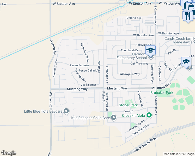map of restaurants, bars, coffee shops, grocery stores, and more near 1647 Via Rojas in Hemet