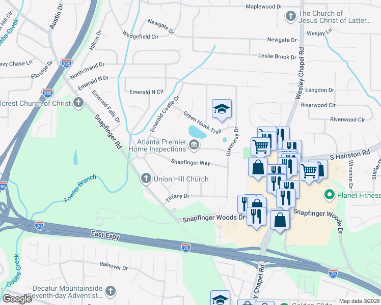 map of restaurants, bars, coffee shops, grocery stores, and more near 4069 Emerald Lake Dr in Decatur
