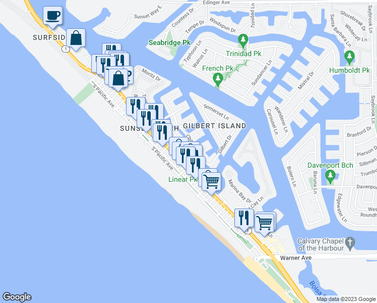 map of restaurants, bars, coffee shops, grocery stores, and more near 16788 Bayview Drive in Huntington Beach