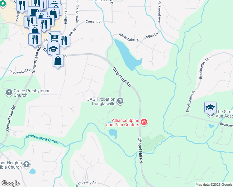 map of restaurants, bars, coffee shops, grocery stores, and more near 5920 Hogan's Way in Douglasville