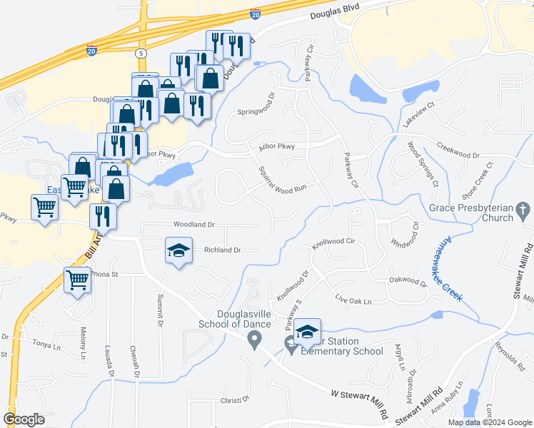 map of restaurants, bars, coffee shops, grocery stores, and more near 9733 Whitetail Road in Douglasville