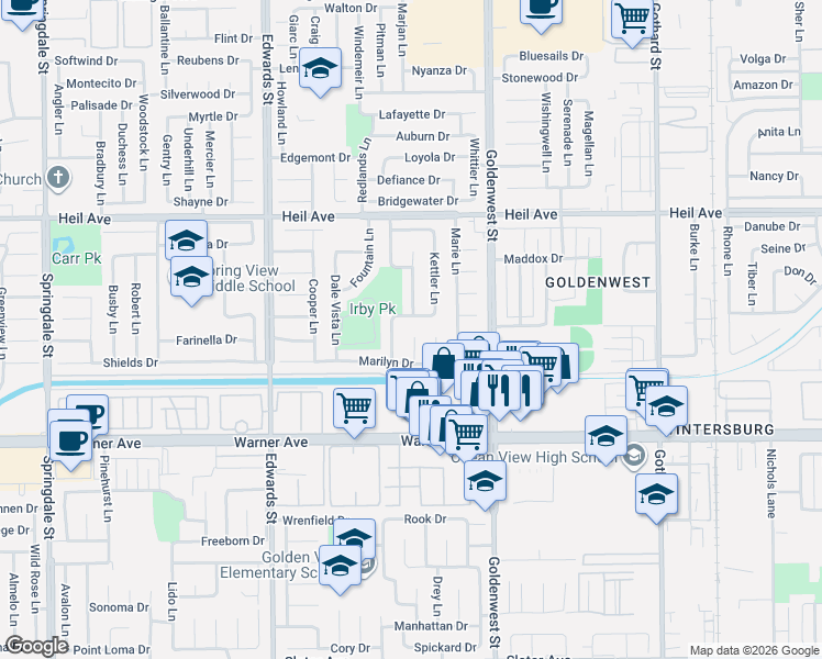 map of restaurants, bars, coffee shops, grocery stores, and more near 16782 Debra Circle in Huntington Beach
