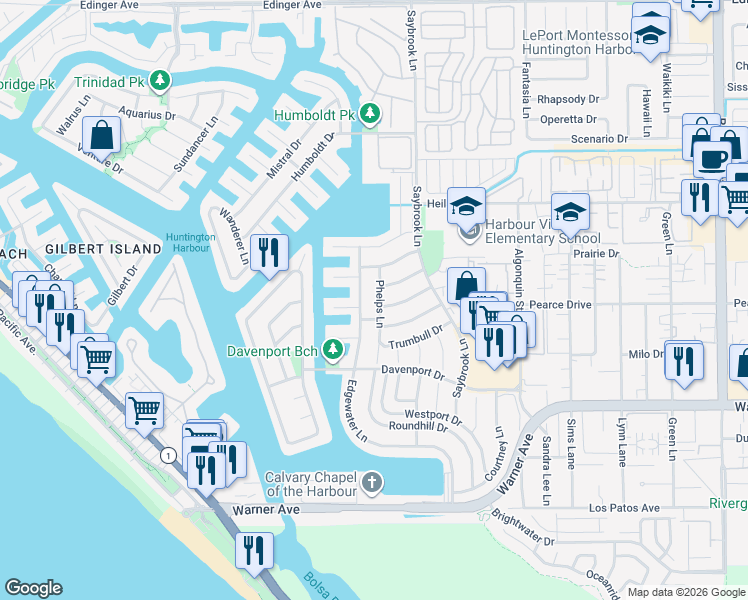 map of restaurants, bars, coffee shops, grocery stores, and more near 4152 Pierson Drive in Huntington Beach