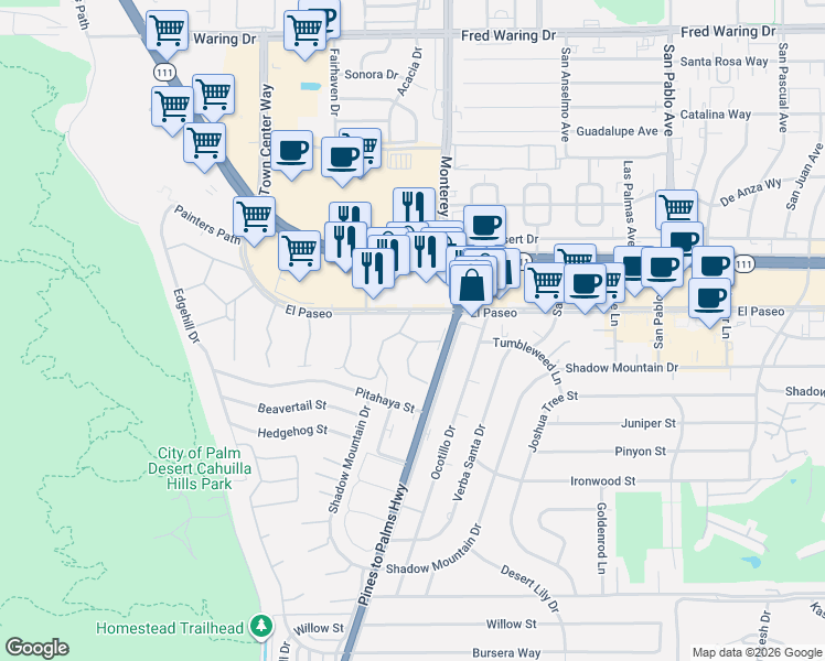 map of restaurants, bars, coffee shops, grocery stores, and more near 152 Sandpiper Street in Palm Desert