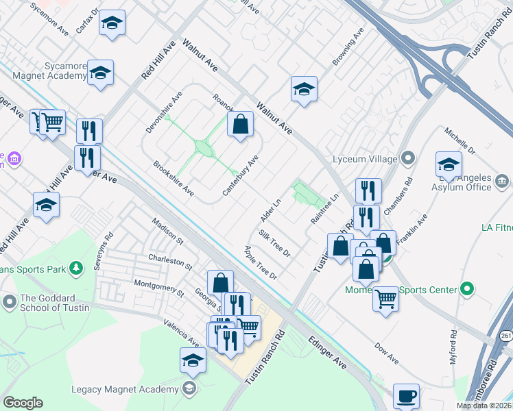 map of restaurants, bars, coffee shops, grocery stores, and more near 14762 Foxcroft Road in Tustin