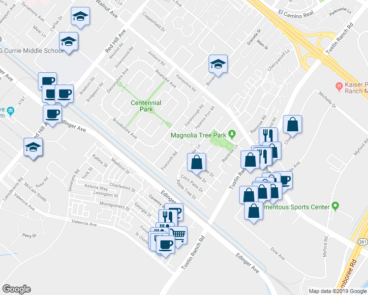map of restaurants, bars, coffee shops, grocery stores, and more near 14762 Foxcroft Road in Tustin