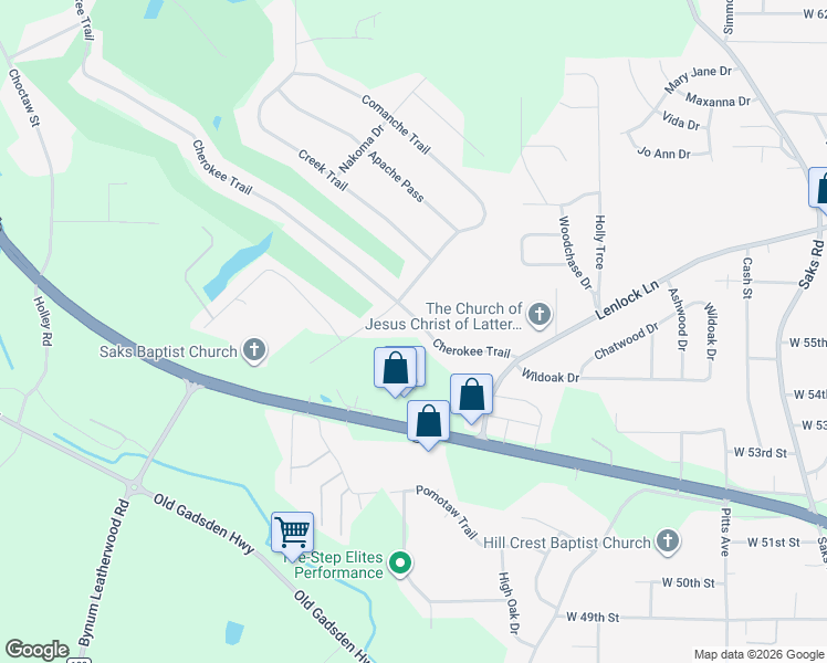 map of restaurants, bars, coffee shops, grocery stores, and more near 1208 Cherokee Trail in Anniston