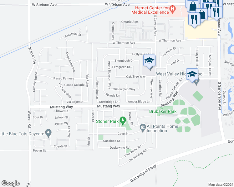 map of restaurants, bars, coffee shops, grocery stores, and more near 4790 Woods Lane in Hemet