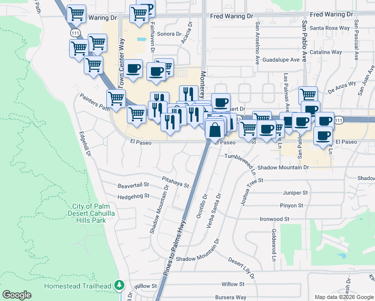 map of restaurants, bars, coffee shops, grocery stores, and more near 152 Sandpiper Street in Palm Desert