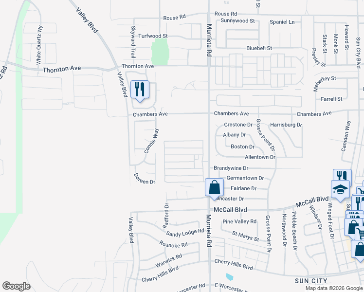 map of restaurants, bars, coffee shops, grocery stores, and more near Dudar Drive in Menifee