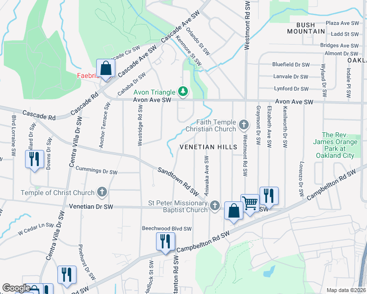 map of restaurants, bars, coffee shops, grocery stores, and more near 1361 Wichita Drive Southwest in Atlanta