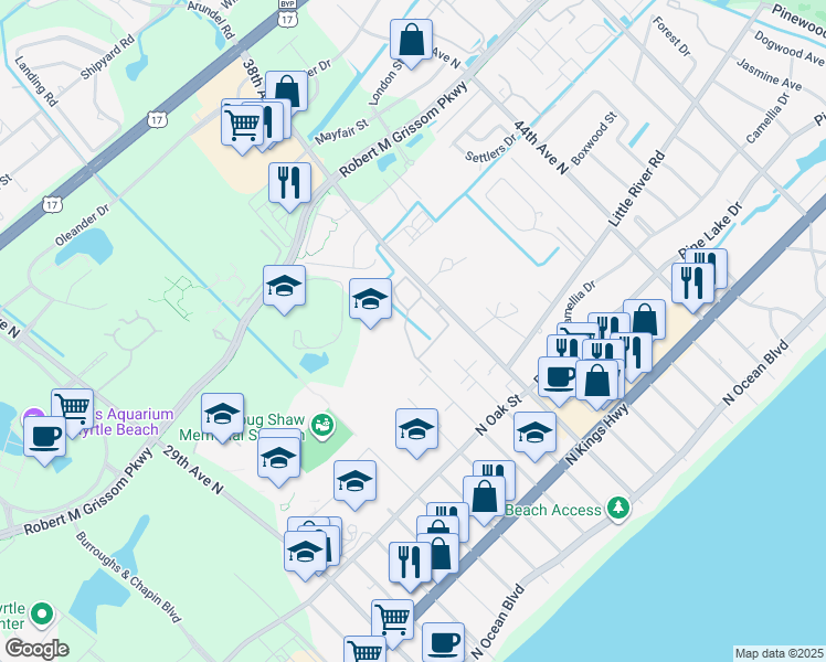 map of restaurants, bars, coffee shops, grocery stores, and more near 3774 Hitchcock Way in Myrtle Beach