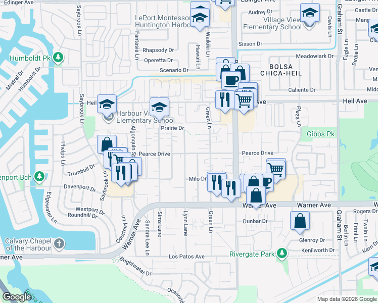 map of restaurants, bars, coffee shops, grocery stores, and more near 4771 Pearce Drive in Huntington Beach