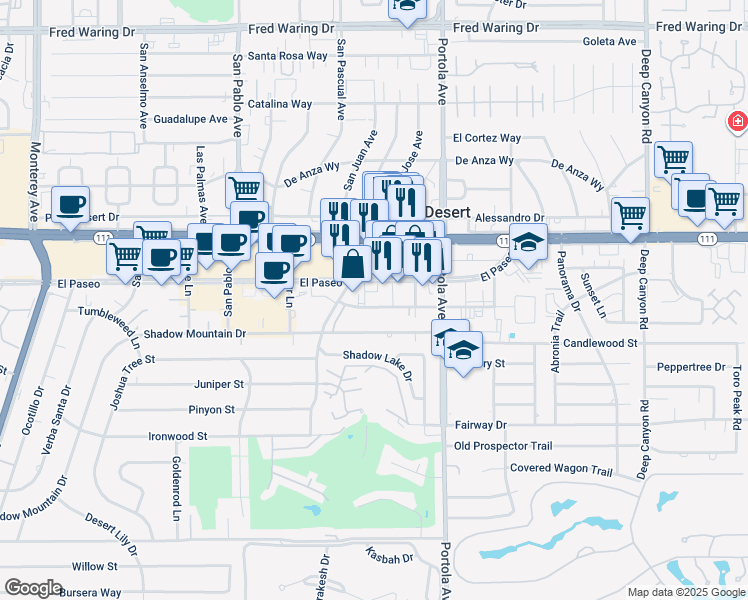 map of restaurants, bars, coffee shops, grocery stores, and more near 73860 Shadow Mountain Drive in Palm Desert