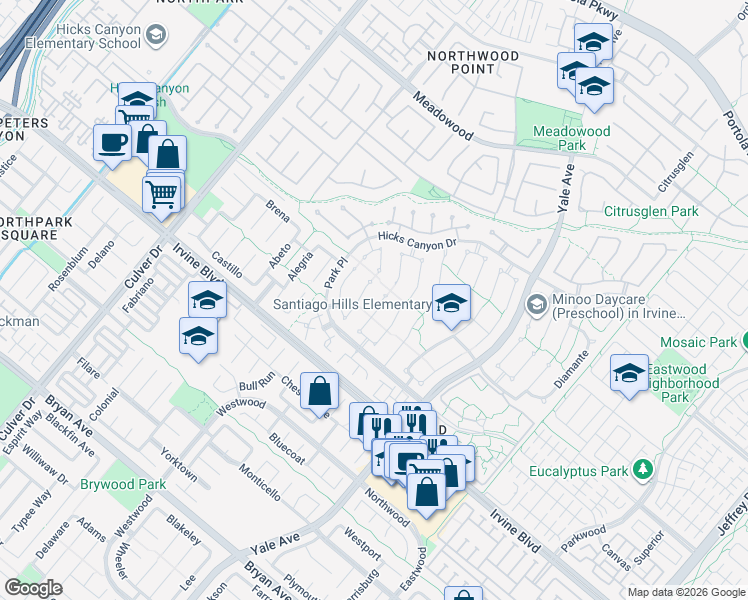 map of restaurants, bars, coffee shops, grocery stores, and more near 10 Ensueno West in Irvine