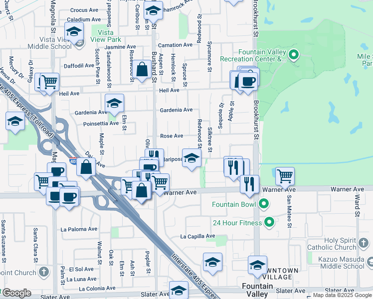 map of restaurants, bars, coffee shops, grocery stores, and more near 16830 Buckeye Circle in Fountain Valley