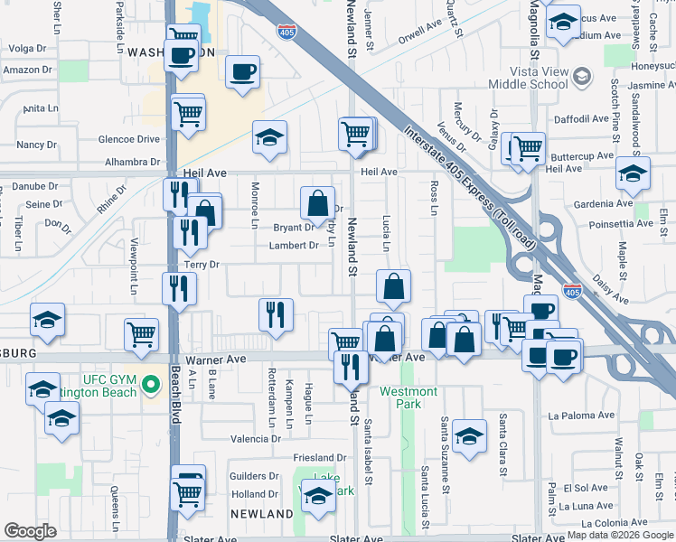 map of restaurants, bars, coffee shops, grocery stores, and more near 16801 Newland Street in Huntington Beach