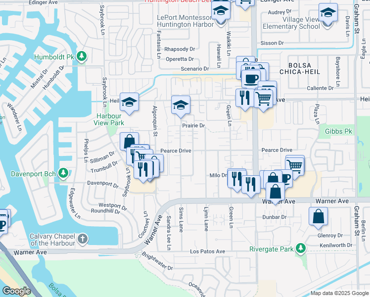 map of restaurants, bars, coffee shops, grocery stores, and more near 16761 Blanton Lane in Huntington Beach