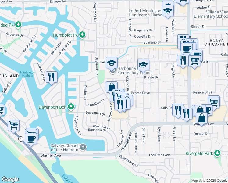 map of restaurants, bars, coffee shops, grocery stores, and more near 16756 Barefoot Circle in Huntington Beach