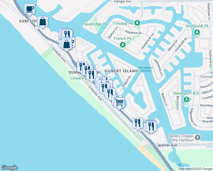 map of restaurants, bars, coffee shops, grocery stores, and more near 16772 Broadway in Huntington Beach