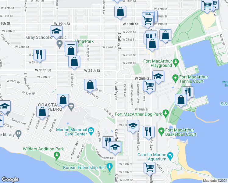 map of restaurants, bars, coffee shops, grocery stores, and more near 2812 South Gaffey Street in Los Angeles